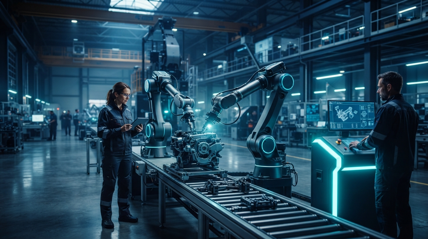 Robotic arms and human workers collaborating on an advanced assembly line in a modern US factory, showcasing automation amidst labor shortages.